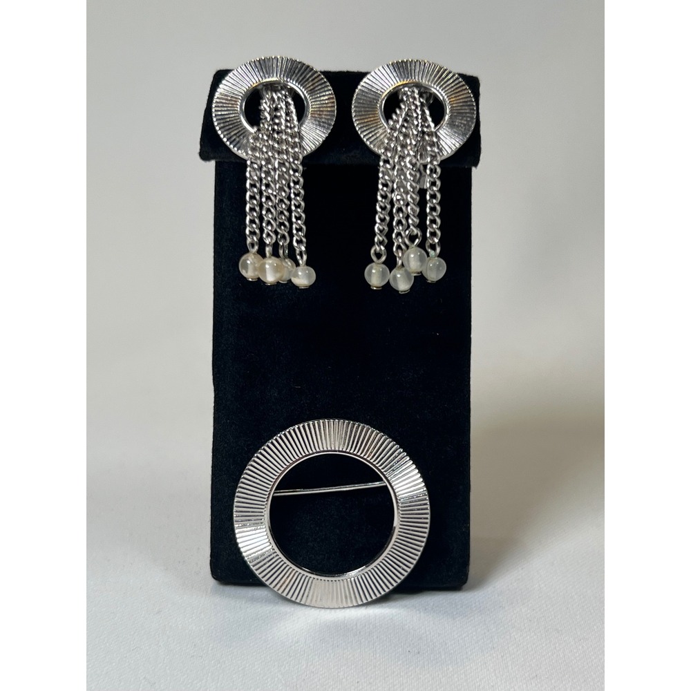 VNG Emmons Silver Tone Circle Brooch and Faux Pearl Fringe Clip On Earrings Set